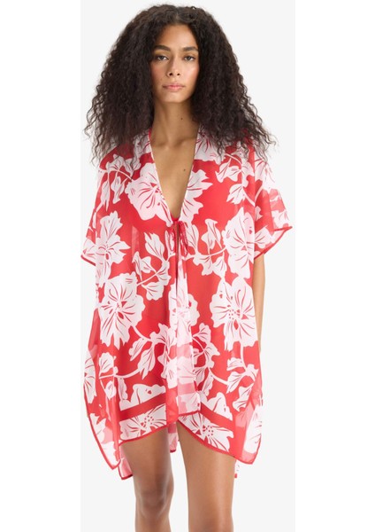 Regular Fit Tropikal Desenli Şifon Plaj Kimono-Fall in Love E8221AX25SP