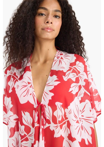 Regular Fit Tropikal Desenli Şifon Plaj Kimono-Fall in Love E8221AX25SP