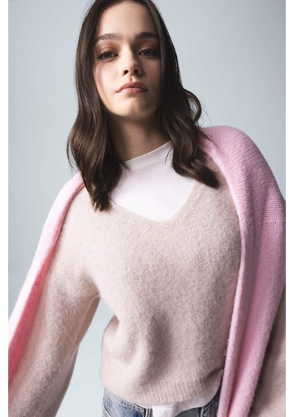 Regular Fit V Yaka Basic Düz Dikişsiz Triko Kazak E9170AX25SP