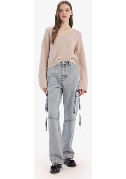 Regular Fit V Yaka Basic Düz Dikişsiz Triko Kazak E9170AX25SP