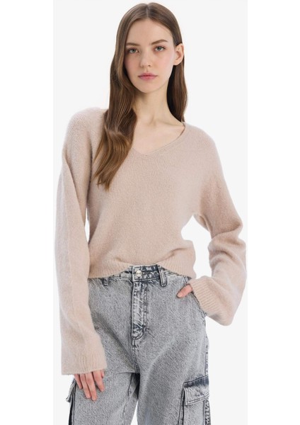 Regular Fit V Yaka Basic Düz Dikişsiz Triko Kazak E9170AX25SP