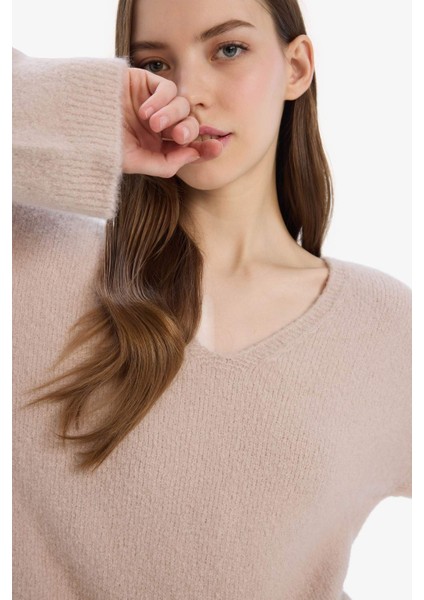 Regular Fit V Yaka Basic Düz Dikişsiz Triko Kazak E9170AX25SP