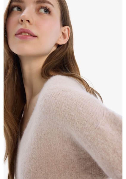 Regular Fit V Yaka Basic Düz Dikişsiz Triko Kazak E9170AX25SP