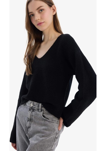 Regular Fit V Yaka Basic Düz Dikişsiz Triko Kazak E9170AX25SP