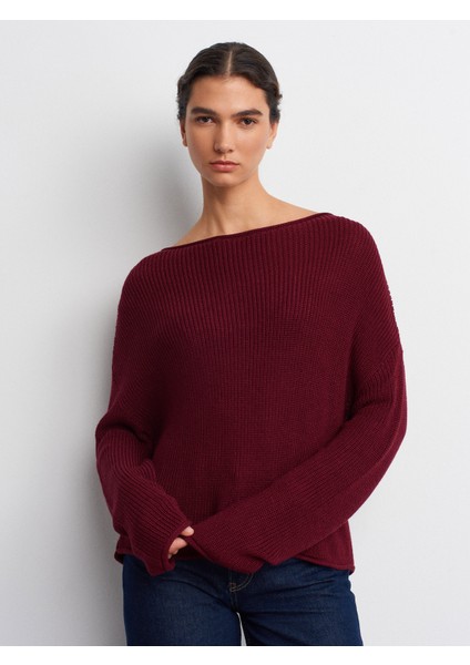 10804 Kayık Yaka Basic Triko Kazak-Bordo