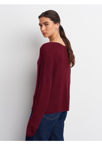 10804 Kayık Yaka Basic Triko Kazak-Bordo fiyatları