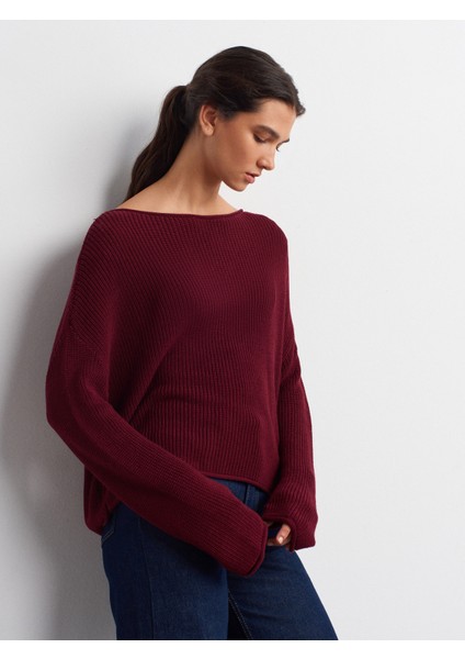 10804 Kayık Yaka Basic Triko Kazak-Bordo modelleri