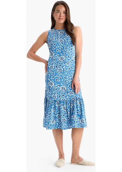 Regular Fit Çiçek Desenli Bisiklet Yaka Kolsuz Midi Yazlık Elbise E9437AX25SM