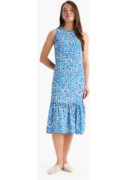 Regular Fit Çiçek Desenli Bisiklet Yaka Kolsuz Midi Yazlık Elbise E9437AX25SM