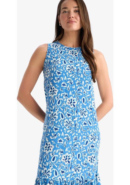 Regular Fit Çiçek Desenli Bisiklet Yaka Kolsuz Midi Yazlık Elbise E9437AX25SM