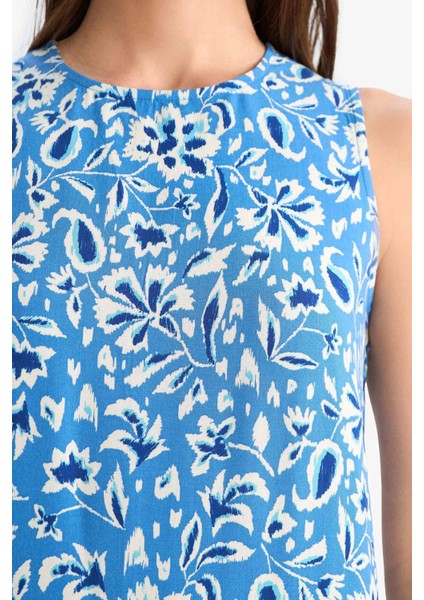 Regular Fit Çiçek Desenli Bisiklet Yaka Kolsuz Midi Yazlık Elbise E9437AX25SM