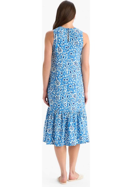 Regular Fit Çiçek Desenli Bisiklet Yaka Kolsuz Midi Yazlık Elbise E9437AX25SM