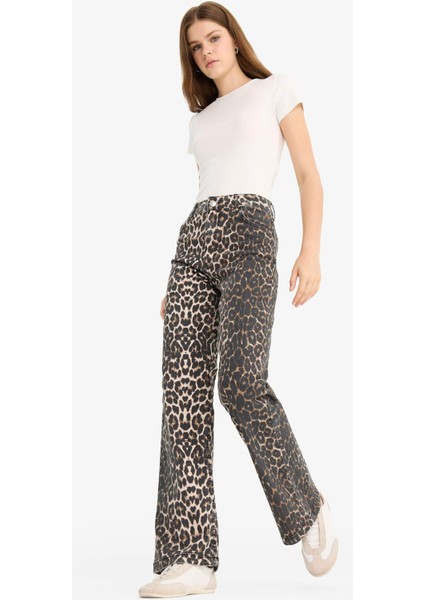 Straight Fit Yüksek Bel Leopar Desenli Uzun Boy Gabardin Pantolon D1229AX25AU