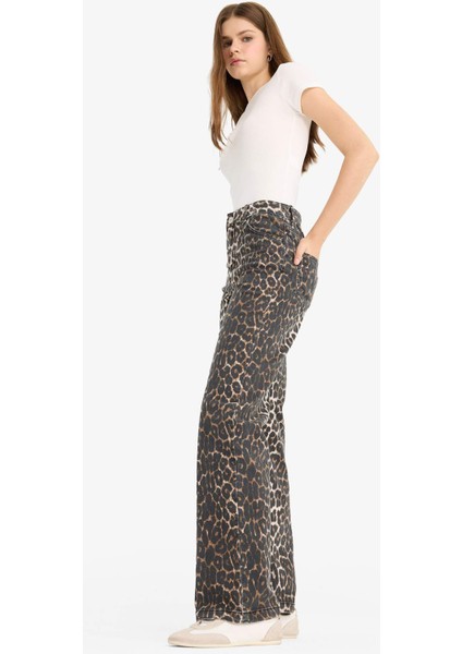Straight Fit Yüksek Bel Leopar Desenli Uzun Boy Gabardin Pantolon D1229AX25AU