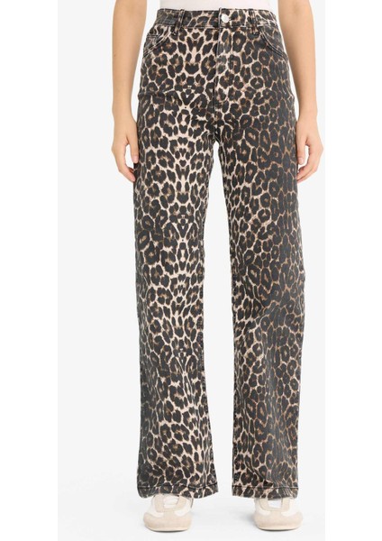 Straight Fit Yüksek Bel Leopar Desenli Uzun Boy Gabardin Pantolon D1229AX25AU