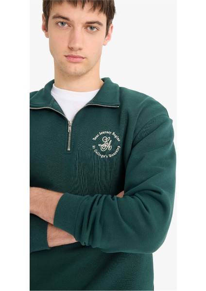 Boxy Fit Dik Yaka Fermuarlı Baskılı Sweatshirt E9416AX25AU