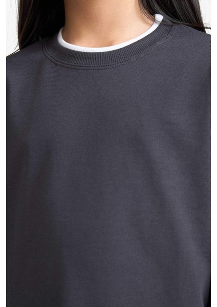 Kız Çocuk Relax Fit Bisiklet Yaka Uzun Kollu Okul Tişörtü E8816A825AU