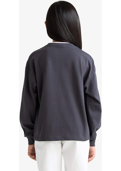 Kız Çocuk Relax Fit Bisiklet Yaka Uzun Kollu Okul Tişörtü E8816A825AU