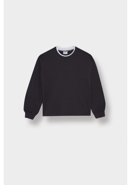 Kız Çocuk Relax Fit Bisiklet Yaka Uzun Kollu Okul Tişörtü E8816A825AU