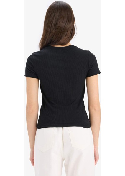 Fitted Bisiklet Yaka Basic Düz Fitilli Kaşkorse Kısa Kollu Siyah Tişört K7064AZ25SM