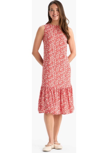 Regular Fit Çiçek Desenli Bisiklet Yaka Kolsuz Midi Yazlık Elbise E9437AX25SM