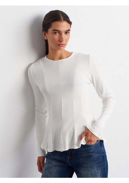 32090 Uzun Kollu Peplum Top-Ekru