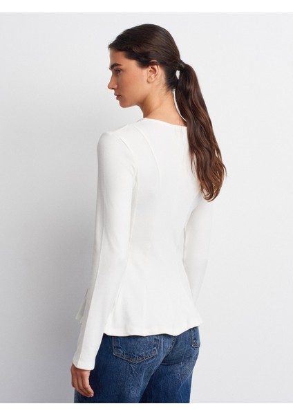 32090 Uzun Kollu Peplum Top-Ekru fiyatları