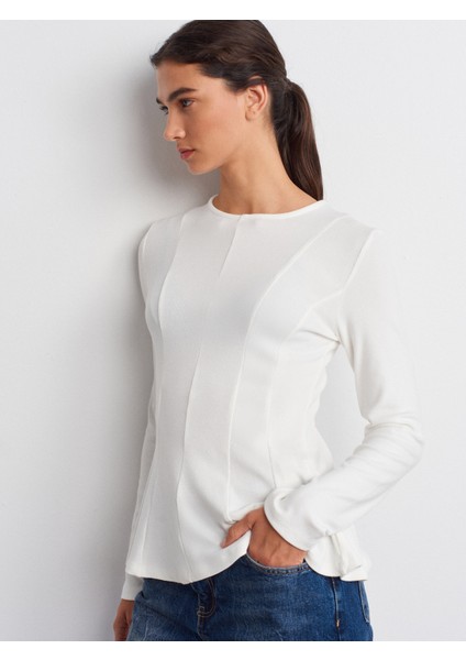 32090 Uzun Kollu Peplum Top-Ekru modelleri