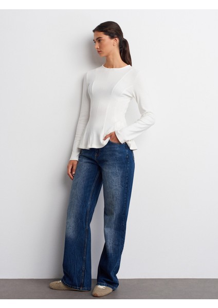 32090 Uzun Kollu Peplum Top-Ekru indirimleri