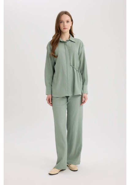 Regular Fit Büzgülü Krinkıl Kumaş Uzun Kollu Gömlek D8532AX25SP