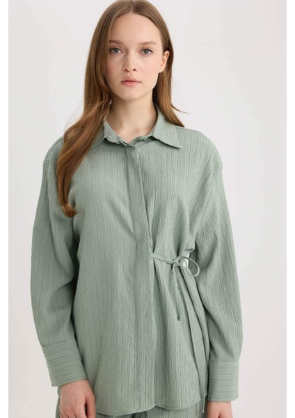 Regular Fit Büzgülü Krinkıl Kumaş Uzun Kollu Gömlek D8532AX25SP