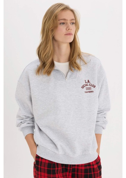 Coool Oversize Geniş Kalıp Fermuarlı Dik Yaka Baskılı Kalın Sweatshirt E9281AX25SP