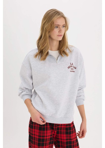 Coool Oversize Geniş Kalıp Fermuarlı Dik Yaka Baskılı Kalın Sweatshirt E9281AX25SP