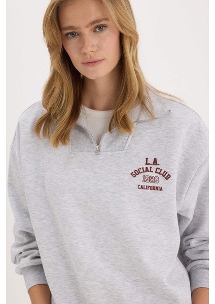 Coool Oversize Geniş Kalıp Fermuarlı Dik Yaka Baskılı Kalın Sweatshirt E9281AX25SP