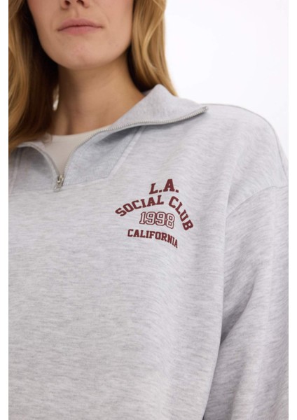 Coool Oversize Geniş Kalıp Fermuarlı Dik Yaka Baskılı Kalın Sweatshirt E9281AX25SP