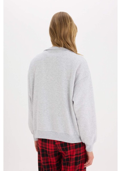 Coool Oversize Geniş Kalıp Fermuarlı Dik Yaka Baskılı Kalın Sweatshirt E9281AX25SP