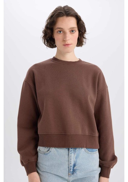 Boxy Fit Bisiklet Yaka Basic Düz Kalın Sweatshirt E4732AX25SP