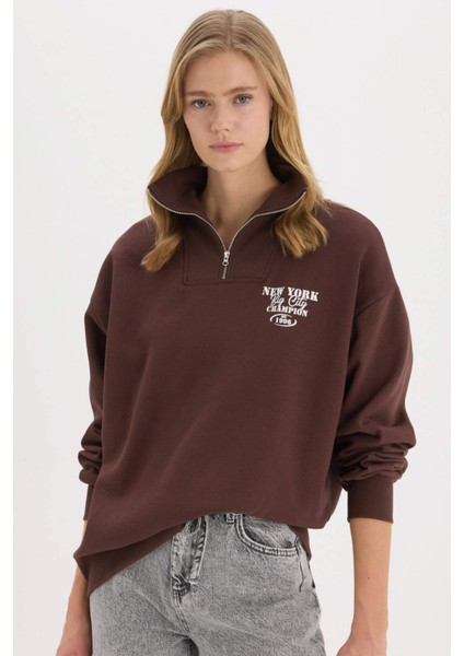 Coool Oversize Geniş Kalıp Fermuarlı Dik Yaka Baskılı Kalın Sweatshirt E9281AX25SP