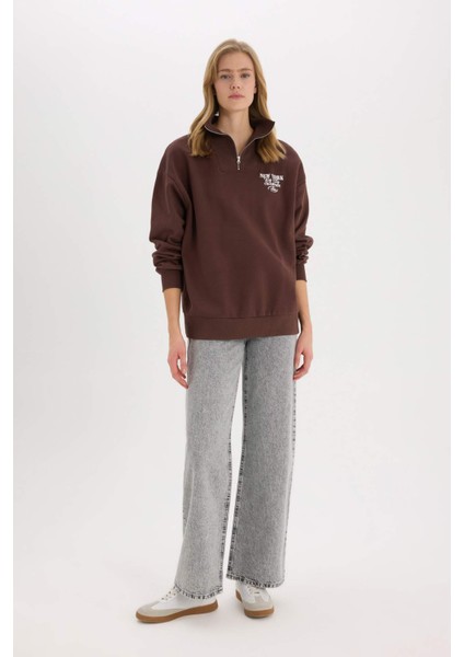 Coool Oversize Geniş Kalıp Fermuarlı Dik Yaka Baskılı Kalın Sweatshirt E9281AX25SP