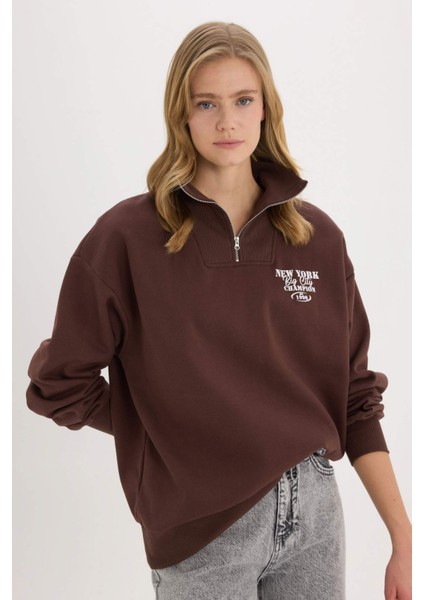 Coool Oversize Geniş Kalıp Fermuarlı Dik Yaka Baskılı Kalın Sweatshirt E9281AX25SP