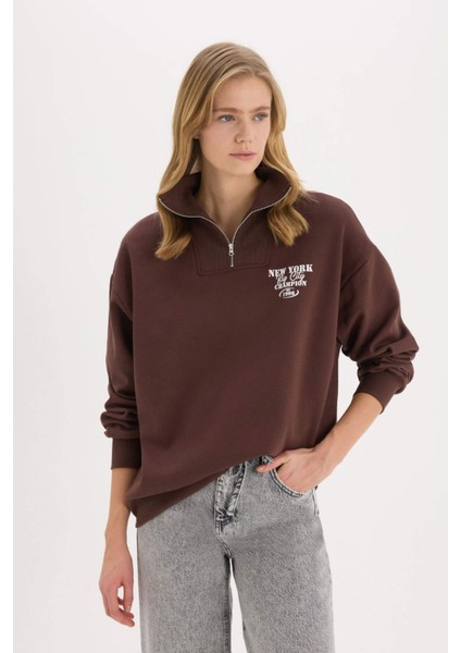 Coool Oversize Geniş Kalıp Fermuarlı Dik Yaka Baskılı Kalın Sweatshirt E9281AX25SP