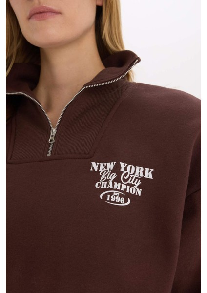 Coool Oversize Geniş Kalıp Fermuarlı Dik Yaka Baskılı Kalın Sweatshirt E9281AX25SP