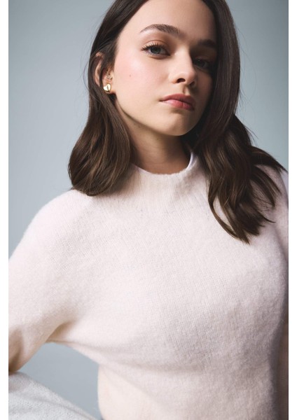 Regular Fit Bisiklet Yaka Dikişsiz Basic Düz Triko Kazak