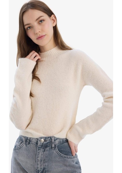 Regular Fit Bisiklet Yaka Dikişsiz Basic Düz Triko Kazak