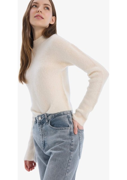 Regular Fit Bisiklet Yaka Dikişsiz Basic Düz Triko Kazak