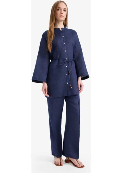 %100 Keten Straight Fit Beli Lastikli Cepli Pantolon D4388AX25SM