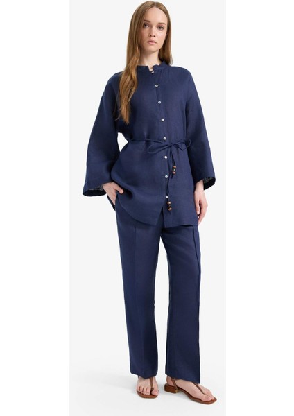 %100 Keten Straight Fit Beli Lastikli Cepli Pantolon D4388AX25SM