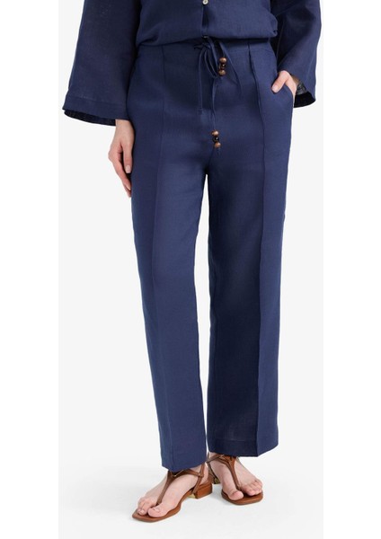 %100 Keten Straight Fit Beli Lastikli Cepli Pantolon D4388AX25SM