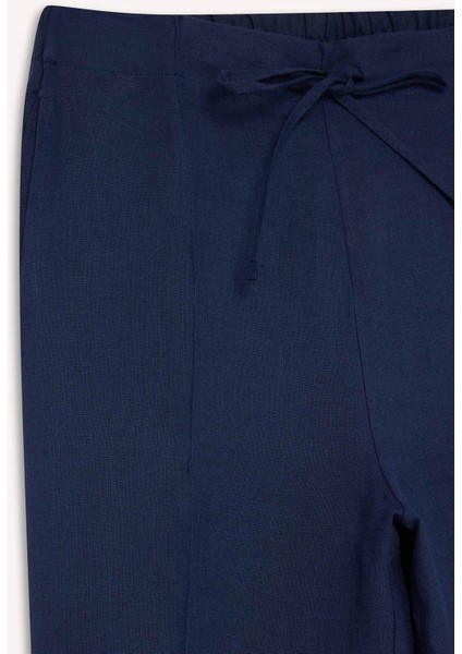 %100 Keten Straight Fit Beli Lastikli Cepli Pantolon D4388AX25SM