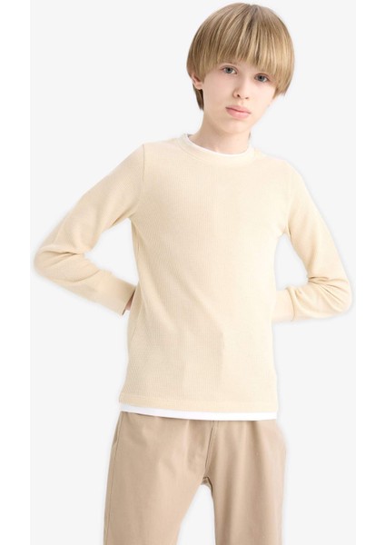 Erkek Çocuk Bisiklet Yaka Basic Düz Waffle Uzun Kollu Okul Tişörtü V1186A625AU